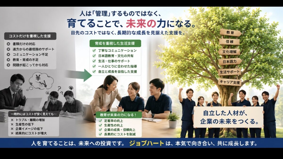 登録支援機関は「人材管理」ではなく、「人材育成」です。