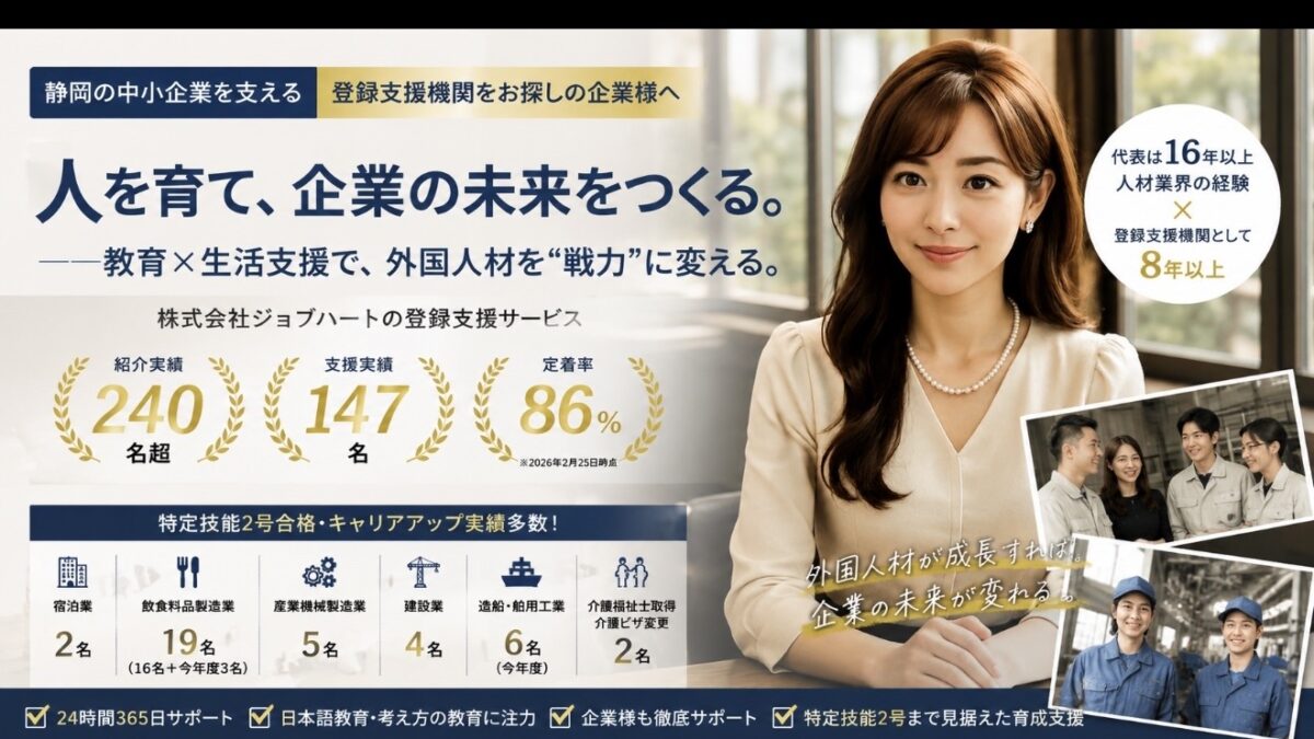 【静岡の登録支援機関】特定技能外国人の定着率86％。紹介実績240名超・支援実績147名。「人を育てる教育」で選ばれるジョブハート