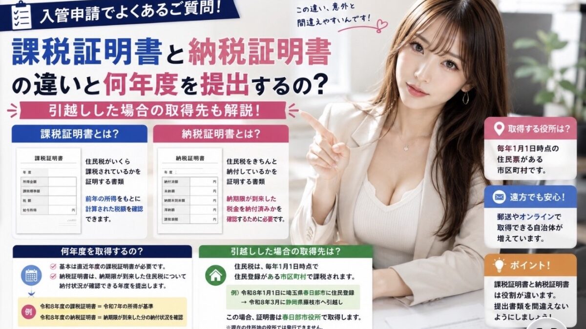 【2026年最新版】入管へ提出する課税証明書・納税証明書は何年度？源泉徴収票との関係や引越し時の取得先まで徹底解説